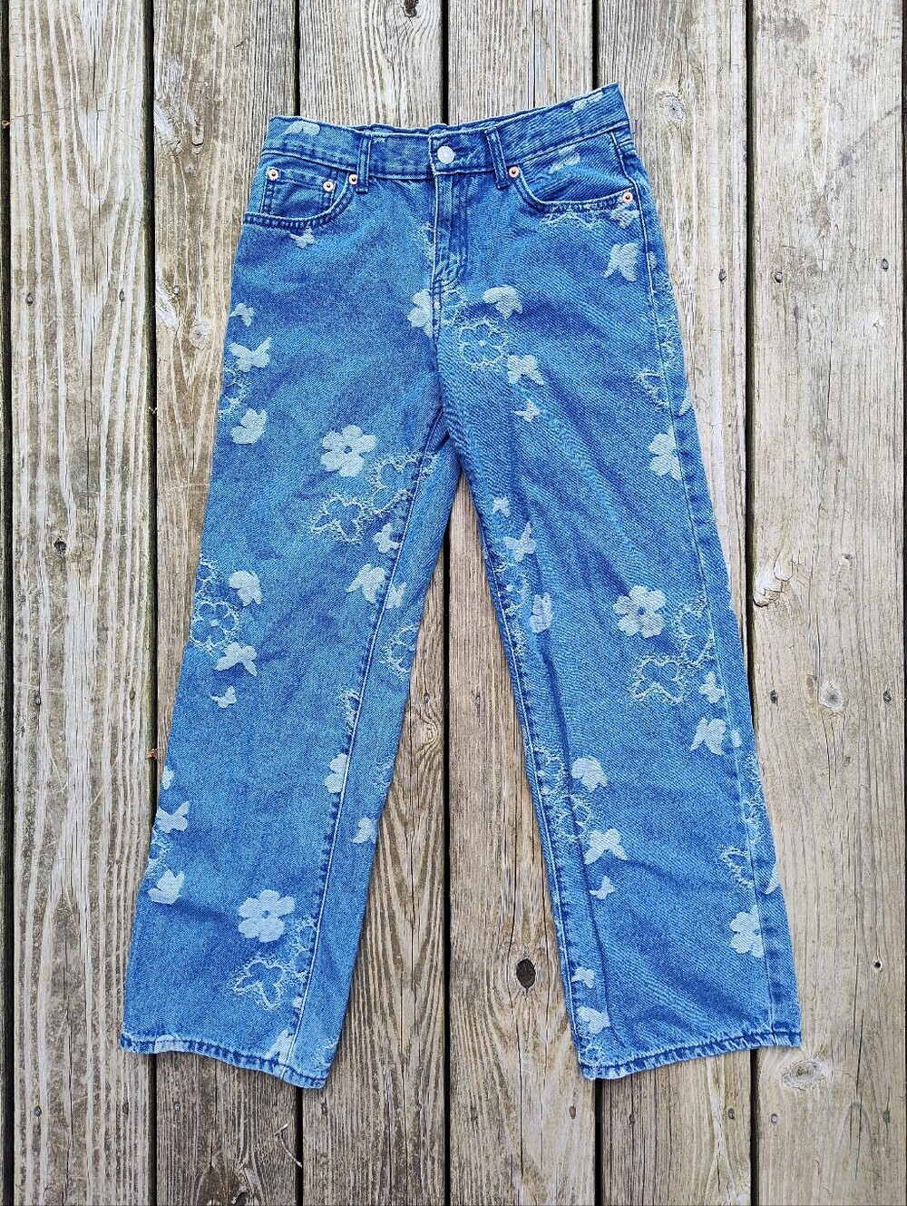 Levi's Big Girls Sz 14 Wide Leg Blue Jeans Butterfly Flower Jacquard 28" Inseam